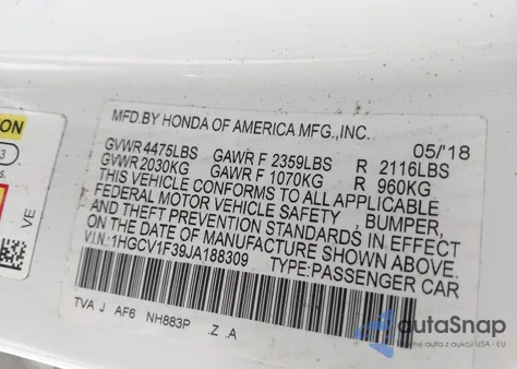 2018 Honda Accord Sport from USA, damaged, VIN 1HGCV1F39JA188309